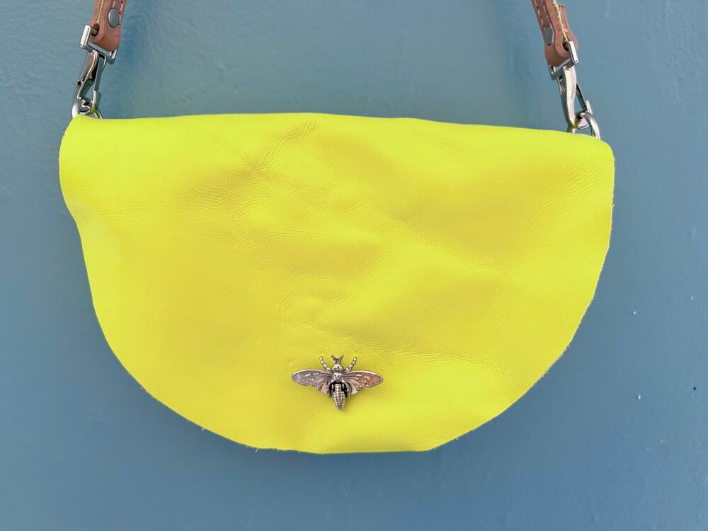 Neon Yellow Half Moon Crossbody Bag with Silver Bee Festival Purse
